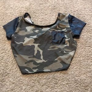 Camo and leather crop shirt